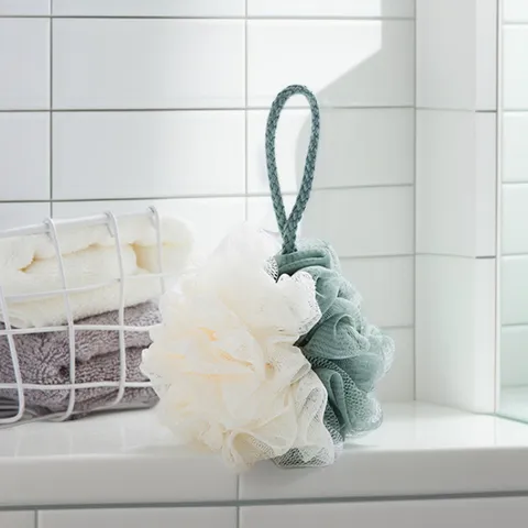 Grande Éponge de Bain en Maille POUF de Douche Bicolore Gommage Corps Doux Boule de Bain PE Avec Cordon de Suspension
