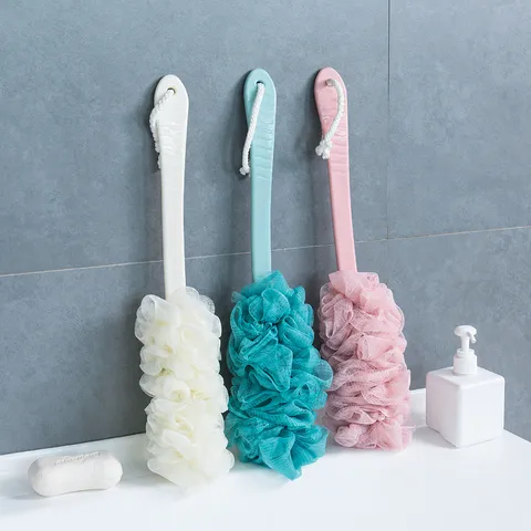 Cepillo de Baño de Mango Largo Con Pouf de Malla PE Suave Cepillo Exfoliante Corporal Para Ducha Herramienta de Limpieza de Baño
