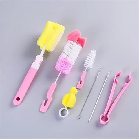7 Piece Baby Bottle Cleaning Brush Set Sponge Nipple Brush Straw Brush With Clip