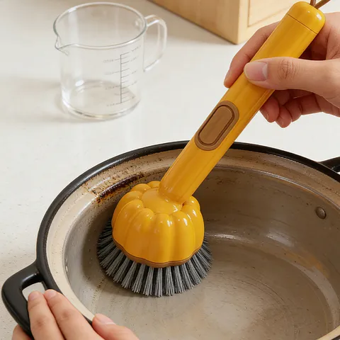 Pumpkin Long Handle Liquid Dispensing Pot Brush Kitchen Cleaning Brush Rotating Dishwashing Brush For Household Cookware