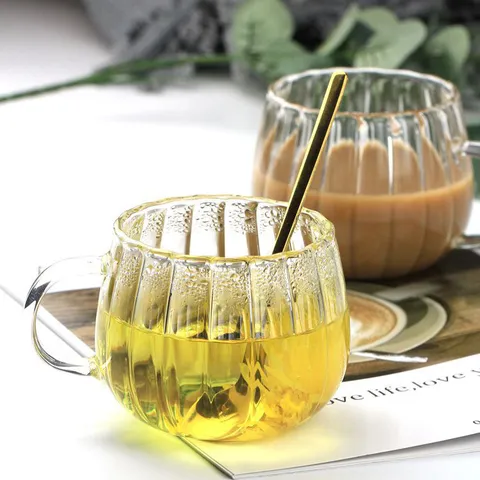 Borosilicate Glass Flower Striped Water Cup Transparent Coffee Mug With Handle Creative Juice Tea Cup For Office Home