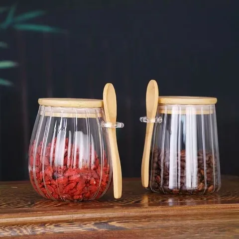Barattolo per Tè in Vetro Trasparente Contenitore Sigillato con Coperchio in Legno e Cucchiaio Cucina Cibo Organizzatore