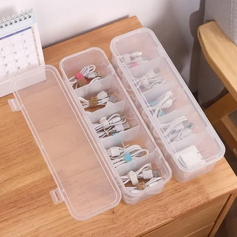 Scatola Portaoggetti per Cavi in Plastica Trasparente Organizer da Scrivania Con Coperchio a Ribalta Scomparti Multipli Casa Ufficio