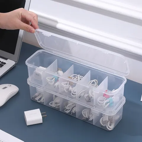 Scatola Portaoggetti per Cavi in Plastica Trasparente Organizer da Scrivania Con Coperchio a Ribalta Scomparti Multipli Casa Ufficio