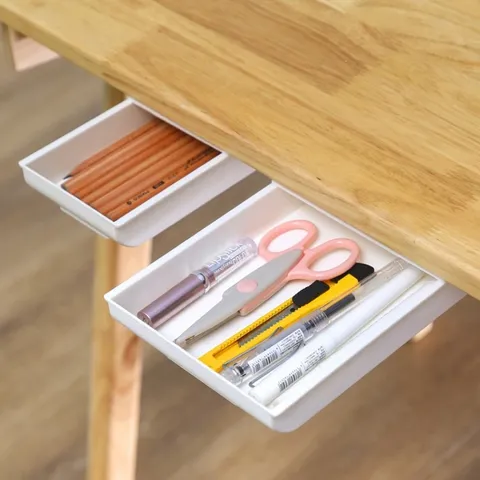 Under Desk Storage Box Self Adhesive Hidden Drawer Organizer Plastic Sundries Holder For Office Stationery