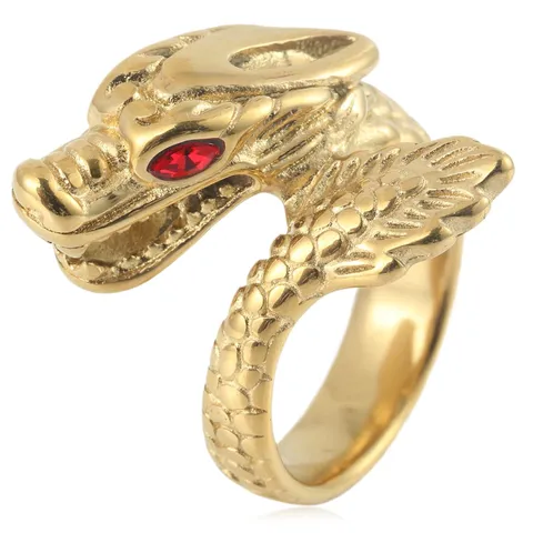 Retro Titanium Steel Dragon Head Ring Punk Carved Texture Rhinestone Red Eye Open Finger Ring For Men Biker Party Jewelry Gift