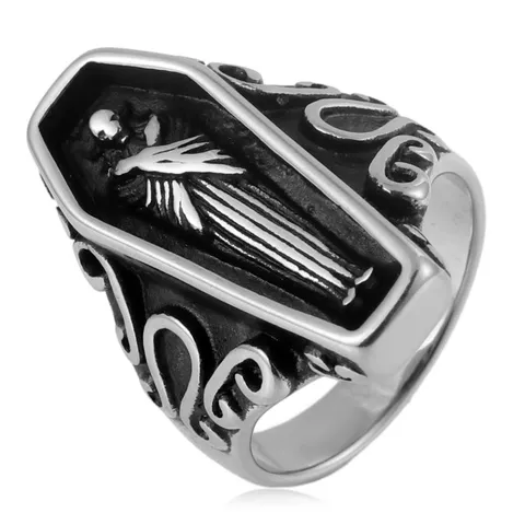 Vintage Retro Coffin Skull Ring For Men Women Titanium Steel Gothic Punk Geometric Leaf Pattern Band Ring Jewelry Gift