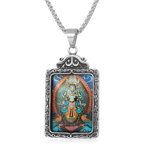Collar con Colgante de Thangka de Acero de Titanio Pintado Vintage Joyería de Deidad Tallada de Tendencia China para Hombres Mujeres