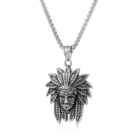 Vintage Men Titanium Steel Indian Chief Pendant Necklace Retro Punk Head Portrait Pendant With Chain Fashion Jewelry Accessory
