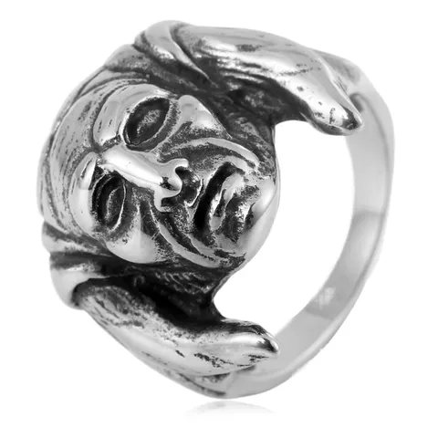 Vintage Titanium Steel Monster Face Ring For Men Punk Gothic Distressed Geometric Steel Color Biker Ring Fashion Jewelry Gift