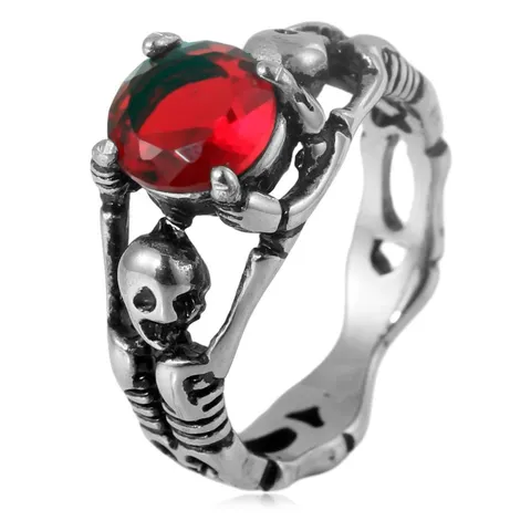 Anillo de Calavera de Acero de Titanio Vintage Punk para Hombre Anillo de Esqueleto Hueco Con Strass Rojo Negro Joyería Gótica Biker