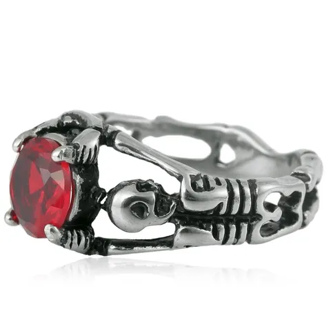 Anillo de Calavera de Acero de Titanio Vintage Punk para Hombre Anillo de Esqueleto Hueco Con Strass Rojo Negro Joyería Gótica Biker
