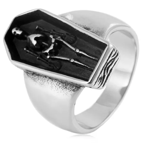 Vintage Punk Coffin Skull Ring Men Titanium Steel Distressed Black Geometric Finger Ring Gothic Carving Jewelry Gift