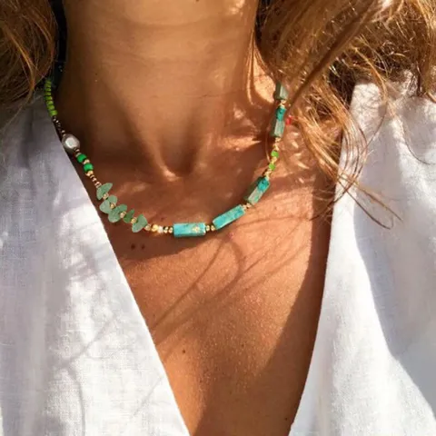 Bohemian Handmade Agate Green Semi-Precious Stone Artificial Pearl Bead Choker Necklace For Women Summer Beach Jewelry