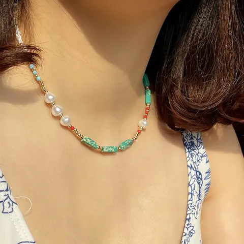 Bohemian Handmade Agate Green Semi-Precious Stone Artificial Pearl Bead Choker Necklace For Women Summer Beach Jewelry