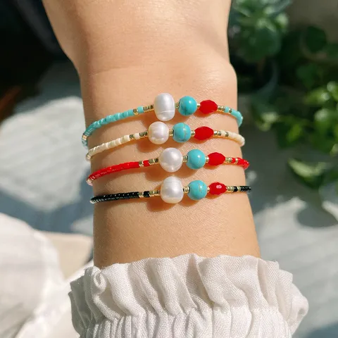 Bracciale in Perline Miyuki Fatto a Mano Bracciale in Corda Intrecciata con Perla d'Acqua Dolce e Turchese Regolabile Gioielli Boho per Donna