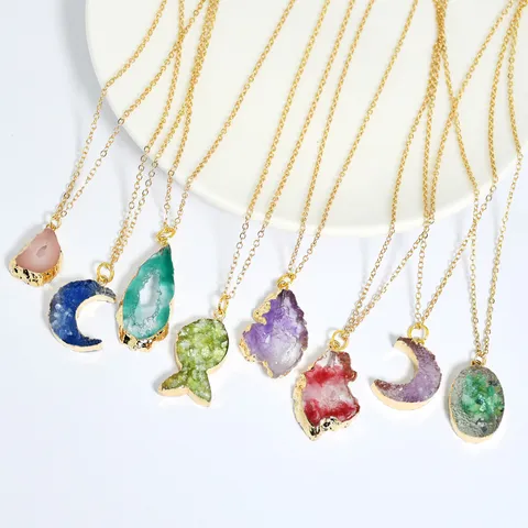 Böhmische Unregelmäßige Harz Achat Scheibe Anhänger Halskette Galvanisierte Legierung Goldkette Choker Für Damen Vintage Party Schmuck