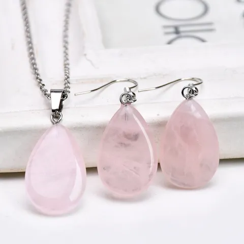 Vintage Natural Stone Water Drop Pendant Necklace Earrings Jewelry Set For Women Amethyst Rose Quartz Crystal Jewelry Set