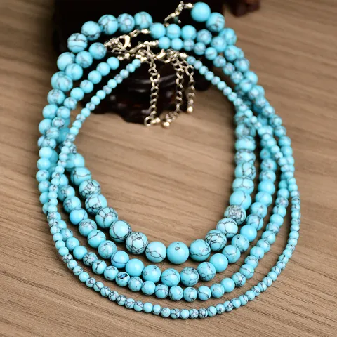 Collana di Perline di Turchese Blu Vintage Fatta a Mano per Uomo Donna Choker di Perle Tonde Etniche Catena Regolabile Gioielli Regalo