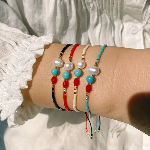 Bracciale in Perline Miyuki Fatto a Mano Bracciale in Corda Intrecciata con Perla d'Acqua Dolce e Turchese Regolabile Gioielli Boho per Donna