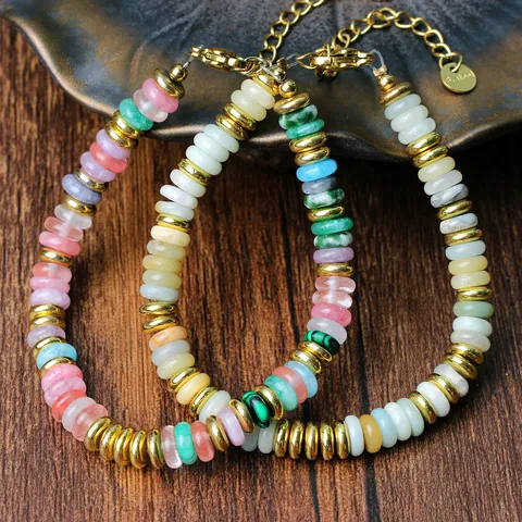 Mode Kleurrijke Halfedelsteen Kralen Armband Voor Vrouwen Handgemaakte Roestvrij Staal Verstelbare Luxe Sieraden Cadeau