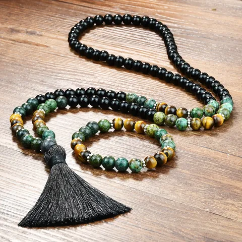 Retro Natural Stone Beaded Necklace Bracelet Set Women Men Tiger Eye Black Stone Tassel Long Sweater Chain Ethnic Jewelry