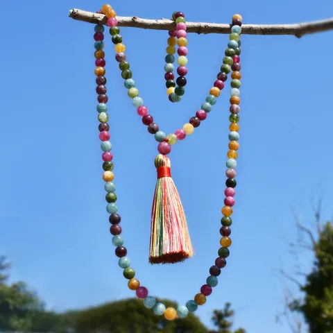 Parure de Bijoux en Perles de Tourmaline Rétro Exotique Collier Et Bracelet Combinés Mala de Prière Avec Gland Multicolore Femme