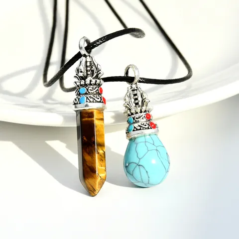 Retro Ethnic Style Natural Tiger Eye Turquoise Pendant Necklace For Men Women Handmade Black Wax Rope Alloy Crown Jewelry Gift