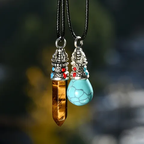 Retro Ethnic Style Natural Tiger Eye Turquoise Pendant Necklace For Men Women Handmade Black Wax Rope Alloy Crown Jewelry Gift