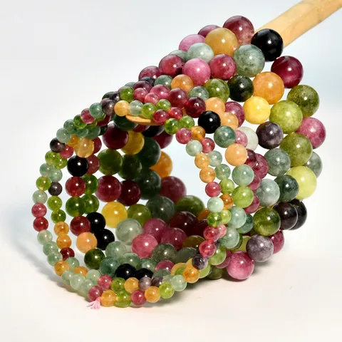 Natural Colorful Tourmaline Beaded Bracelet For Women Vintage Geometric Round Elastic Rope Crystal Strand Bracelet Fine Hand Jewelry