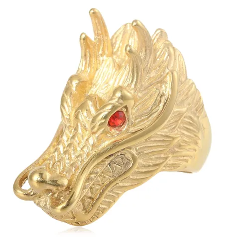 Vintage Punk Stainless Steel Dragon Head Ring For Men Personalized Gold Steel Color Animal Finger Ring Red Rhinestone Eyes Gothic Jewelry