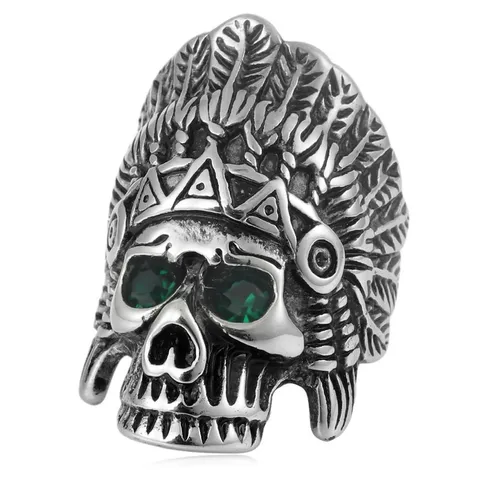 Anillo Retro de Acero de Titanio de Calavera de Jefe Indio Para Hombre Punk Gótico Ojo de Strass Incrustado Joyería de Biker