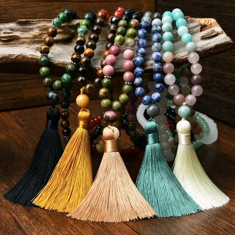 Vintage Natuursteen Kralen Ketting Boheemse Lange Kwast Trui Ketting Retro 108 Gebedskralen Halsketting Sieraden Voor Dames Heren