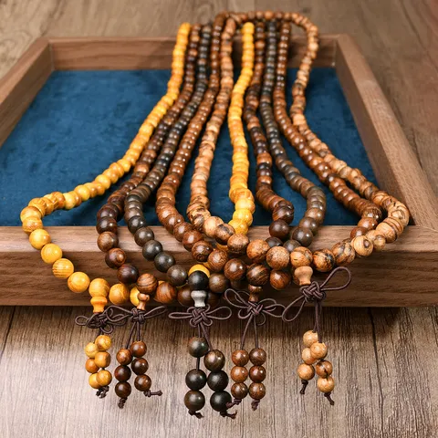 Retro Wood Buddhist Prayer Beads Bracelet Multi-layer Sandalwood Pearwood Beaded Long Necklace Classical Meditation Jewelry Unisex Hand Chain Gift