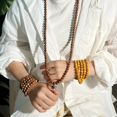 Retro Wood Buddhist Prayer Beads Bracelet Multi-layer Sandalwood Pearwood Beaded Long Necklace Classical Meditation Jewelry Unisex Hand Chain Gift
