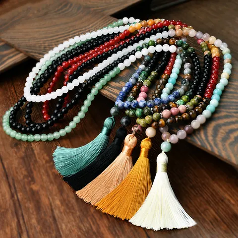 Vintage Natuursteen Kralen Ketting Boheemse Lange Kwast Trui Ketting Retro 108 Gebedskralen Halsketting Sieraden Voor Dames Heren