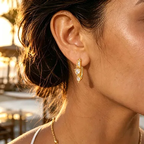 Geometric U-Shaped Zirconia Stud Earrings For Women Stainless Steel Gold Plated Water Drop Cubic Zirconia Jewelry Tarnish-Resistant