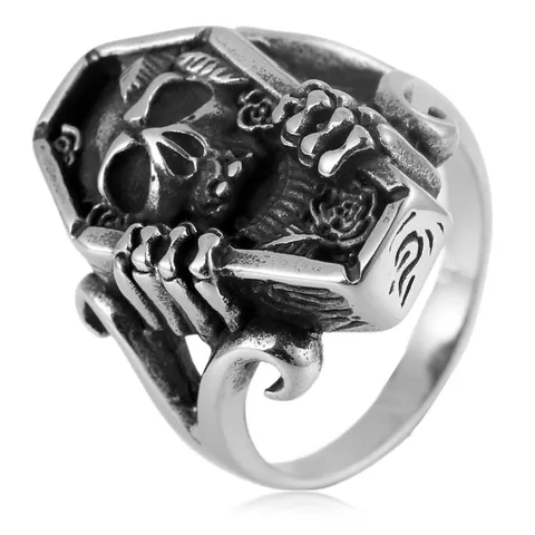 Vintage Titanium Steel Coffin Skull Ring For Men Gothic Punk Carved Rose Band Ring Retro Distressed Personalized Biker Jewelry Ring