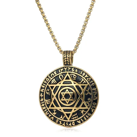 Punk Stainless Steel Hexagram Pendant Necklace Vintage Geometric Runes Round Coin Medallion Chain Necklace For Men Cool Biker Jewelry Gift