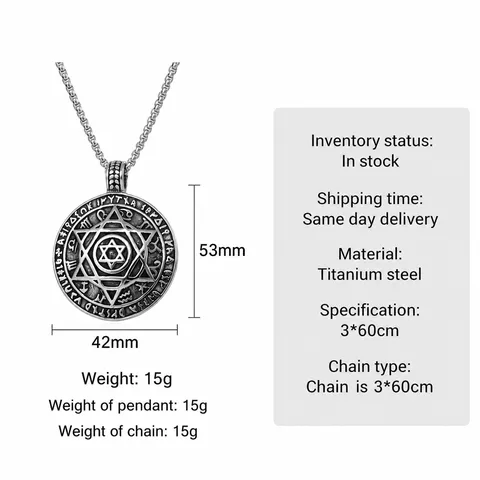 Punk Stainless Steel Hexagram Pendant Necklace Vintage Geometric Runes Round Coin Medallion Chain Necklace For Men Cool Biker Jewelry Gift