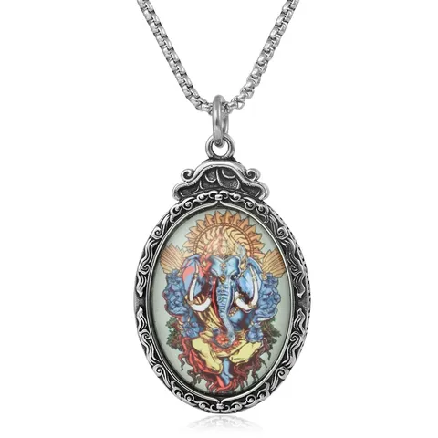 Collar con Colgante Religioso Thangka de Acero de Titanio Vintage Tara Verde Pintada Medallón Pintado Joyería Guochao para Hombre Mujer