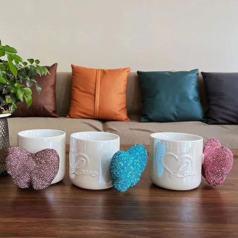 Modernes Keramik Kaffeebecher Mit Diamant Herz Griff Süße Büro Wassertasse Für Frauen Mädchen Tägliches Trinkgeschirr