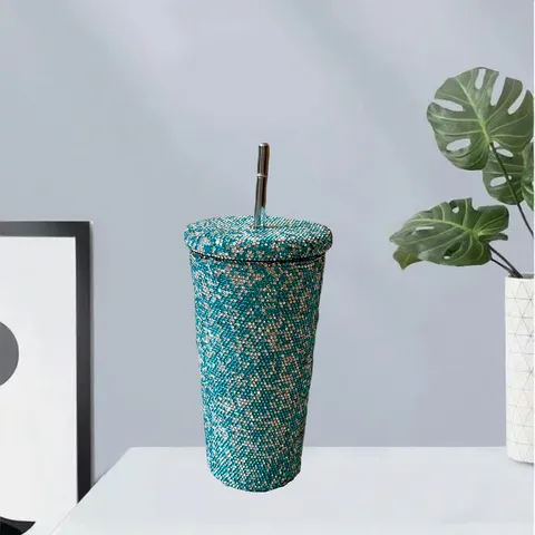 Edelstahl Strass Trinkbecher Vakuumisoliert Wasserbecher Mit Strohhalm Glitzernde Kristall Kaffeetasse Für Damen