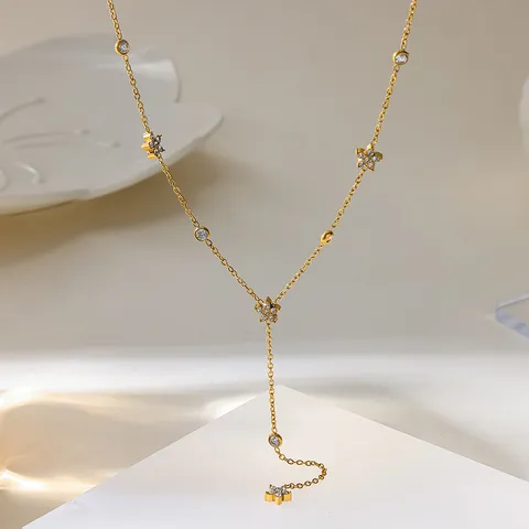 Luxe Roestvrij Staal Bloem Strass Y Lariat Tassel Hanger Ketting Verguld Waterdicht Sleutelbeen Ketting Voor Vrouwen Sieraden Cadeau