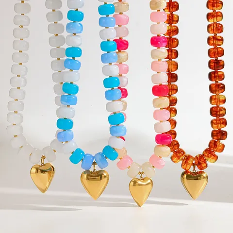 Gold Plated Stainless Steel Heart Pendant Necklace Contrast Color Acrylic Beaded Choker Fashion Jewelry For Women Waterproof