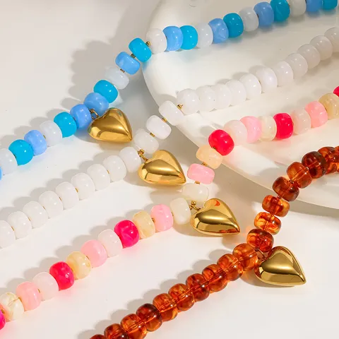 Gold Plated Stainless Steel Heart Pendant Necklace Contrast Color Acrylic Beaded Choker Fashion Jewelry For Women Waterproof