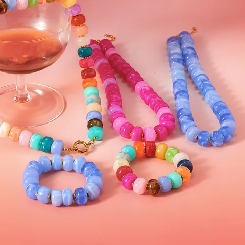 Boheemse Kleurrijke Acryl Kralen Sieradenset Roestvrij Staal Hematiet Halsketting Armband Voor Dames Niche Strandfeest Sieradenset