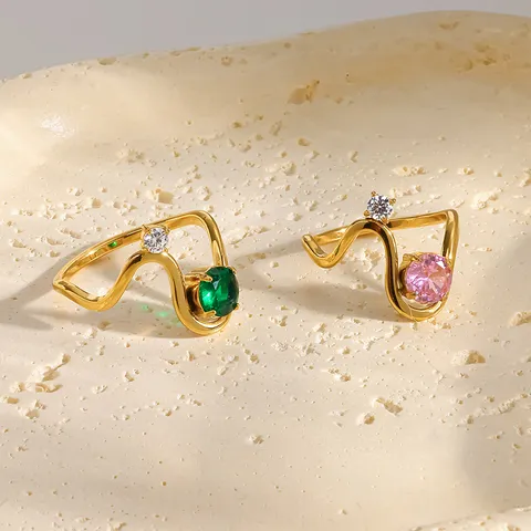 Wave Stainless Steel Zirconia Ring For Women 18K Gold Plated Pink Green Cubic Zirconia Finger Ring Luxury Fashion Jewelry Accessories