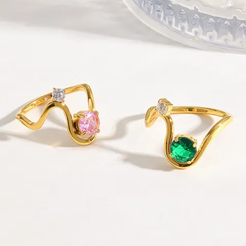 Wave Stainless Steel Zirconia Ring For Women 18K Gold Plated Pink Green Cubic Zirconia Finger Ring Luxury Fashion Jewelry Accessories