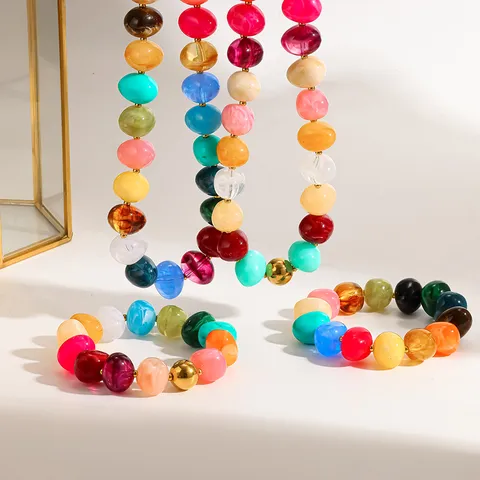 Rainbow Acrylic Beaded Necklace Stainless Steel Gold Plated Spacer Beads Bohemian Vacation Jewelry Bracelet For Women